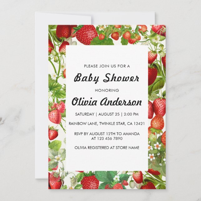 Watercolor Strawberry Girl Baby Shower  Invitation (Front)