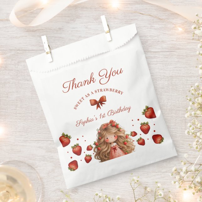 Watercolor Strawberry Girl Happy Birthday Party Favour Bag (Clipped)