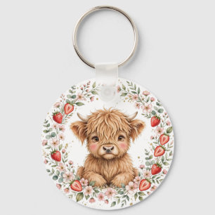 Watercolor Strawberry Highland Cow Farmhouse Key Ring