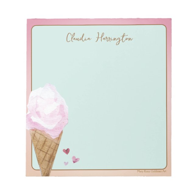 Watercolor Strawberry Ice Cream Mint Green Notepad (Front)