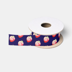 watercolor strawberry in navy satin ribbon