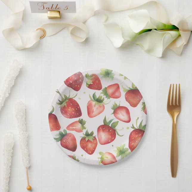 Watercolor Strawberry Pattern   Paper Plate (Wedding)