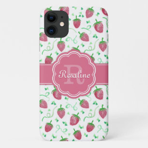 Watercolor Strawberry Pattern with Monogram iPhone 11 Case