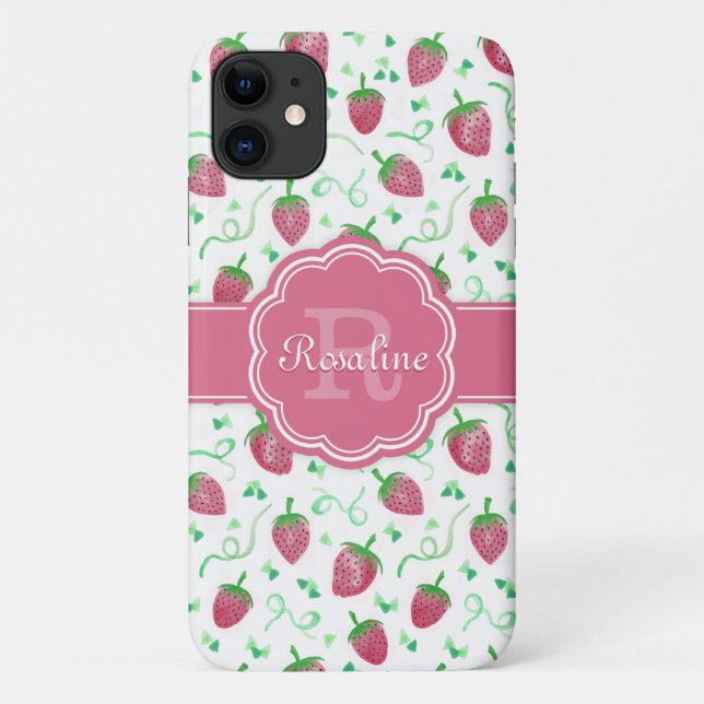 Watercolor Strawberry Pattern with Monogram Case-Mate iPhone Case (Back)