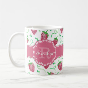 Watercolor Strawberry Pattern with Monogram Coffee Mug