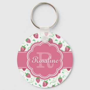 Watercolor Strawberry Pattern with Monogram Key Ring