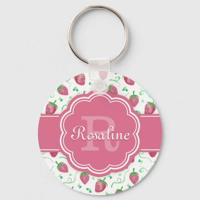 Watercolor Strawberry Pattern with Monogram Key Ring (Front)