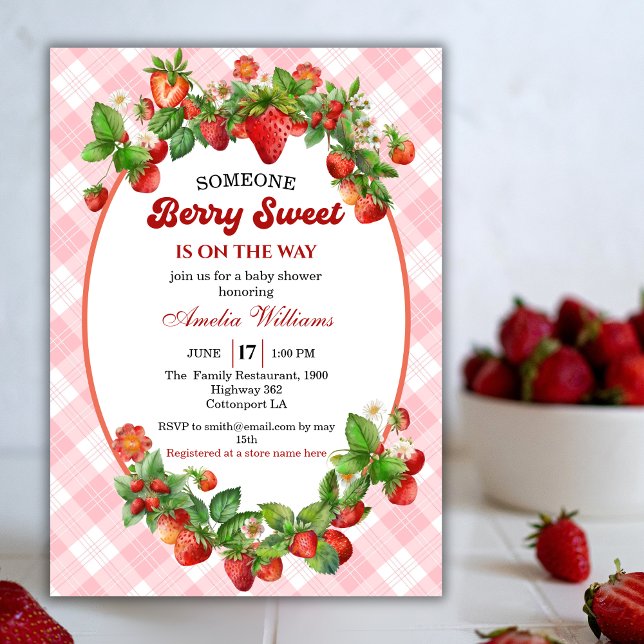 Watercolor Strawberry Pink Gingham Berry Sweet Invitation (Creator Uploaded)