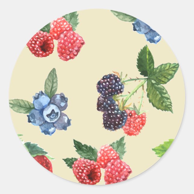 Watercolor Strawberry Raspberry Currant Pattern Classic Round Sticker (Front)