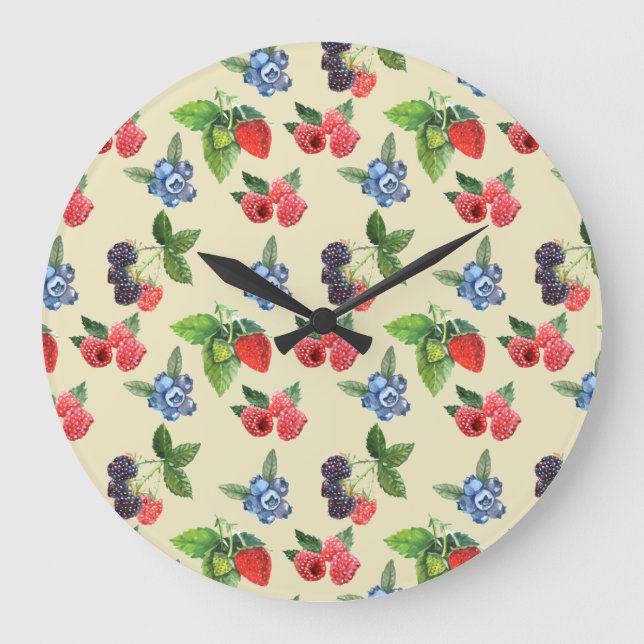 Watercolor Strawberry Raspberry Currant Pattern Large Clock (Front)