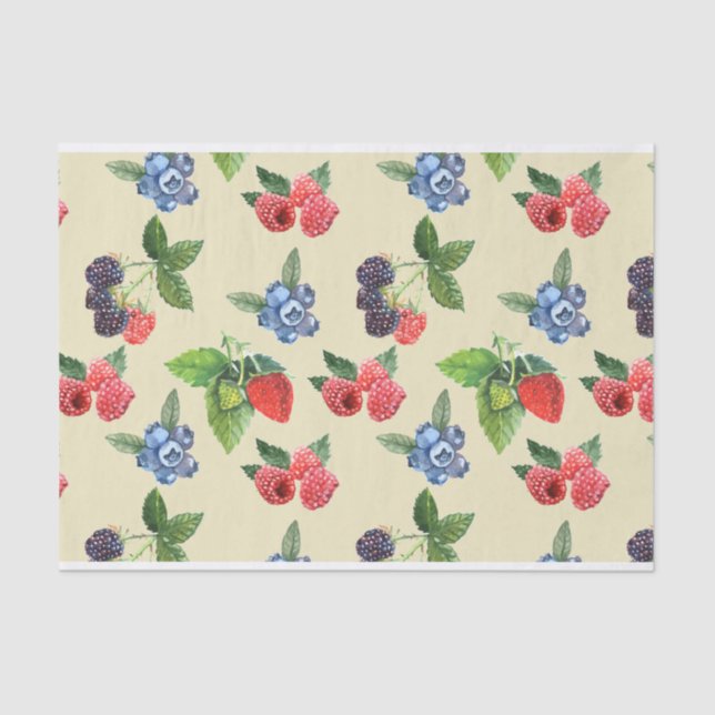 Watercolor Strawberry Raspberry Currant Pattern Tissue Paper (Front)