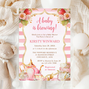 Watercolor Strawberry Tea Party Baby Shower Invitation