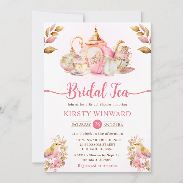 Watercolor Strawberry Tea Party Bridal Shower Invitation (Front)