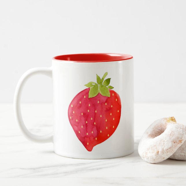 Watercolor Strawberry Two-Tone Coffee Mug (With Donut)