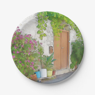 Watercolor street view paper plate