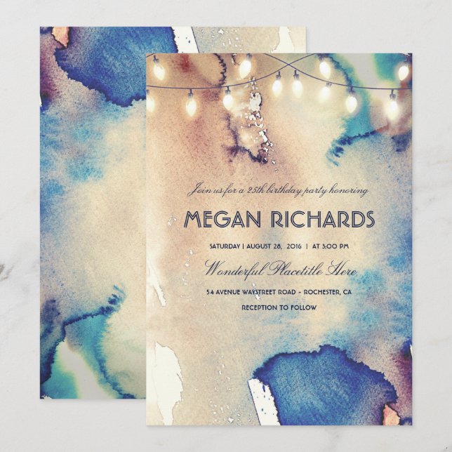 Watercolor String Lights Beach Birthday Party Invitation (Front/Back)