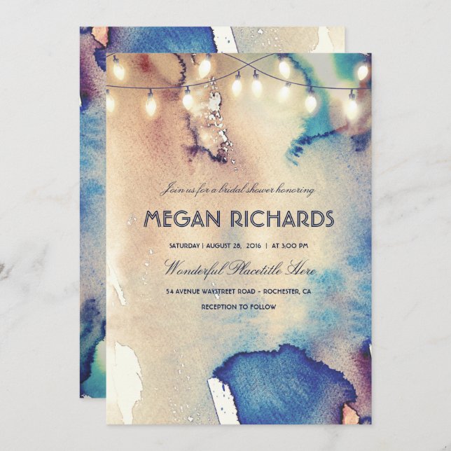 Watercolor String Lights Beach Bridal Shower Invitation (Front/Back)