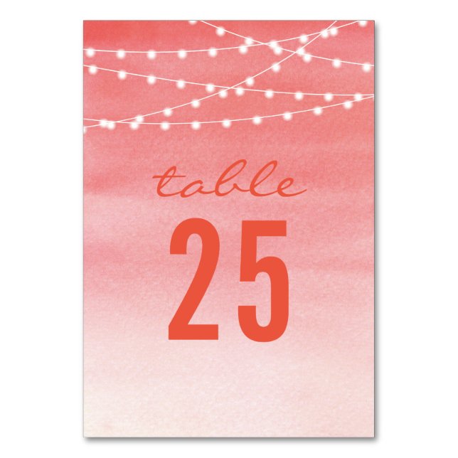Watercolor String Lights Wedding Table Number (Front)