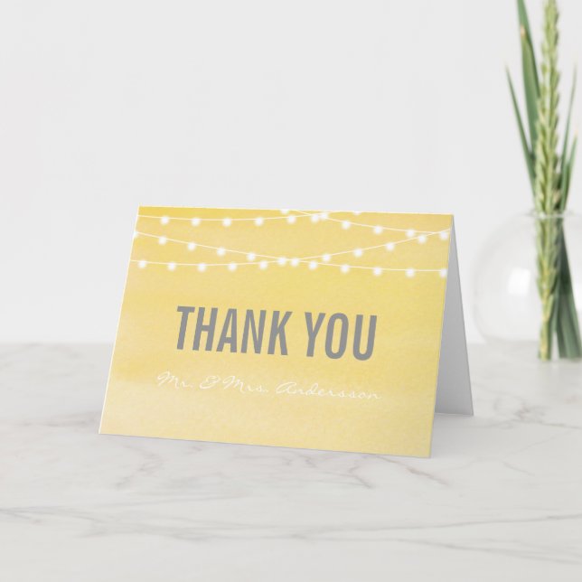 Watercolor String Lights Wedding Thank You Card (Front)