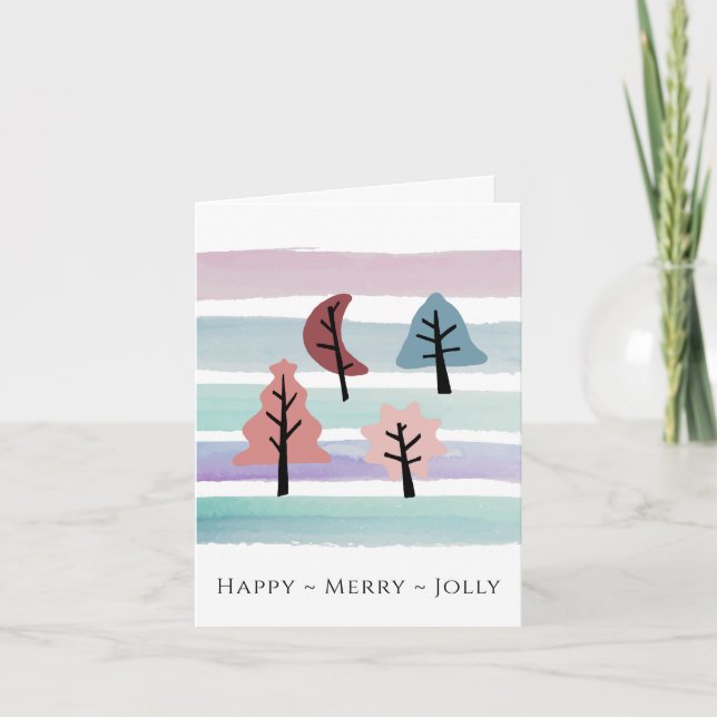 Watercolor Stripe and Christmas Tree Pastel Holiday Card (Front)
