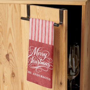 Watercolor stripe Merry Christmas Script Tea Towel