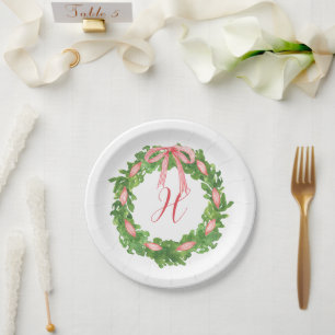 Watercolor Striped Bow Wreath Christmas Monogram Paper Plate
