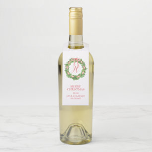 Watercolor Striped Bow Wreath Monogram Christmas Bottle Tag