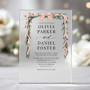 Watercolor Striped Red Bow Christmas Greenery Acrylic Invitations