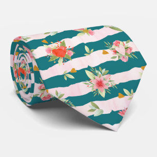 Watercolor Stripes And Flowers Tie