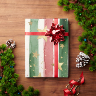 Watercolor Stripes and Gold stars Christmas Wrapping Paper