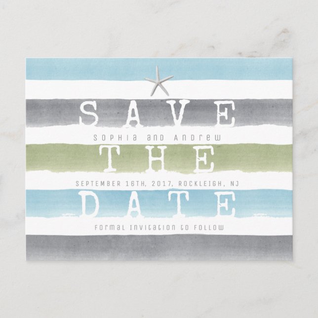 Watercolor stripes beach wedding save the date announcement postcard (Front)