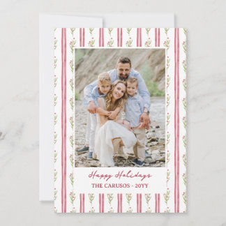 Watercolor Stripes Berry Twigs Happy Holidays Holiday Card