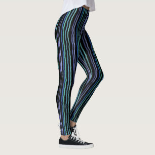 Watercolor Stripes, Blue, Green, Lilac on Black Leggings