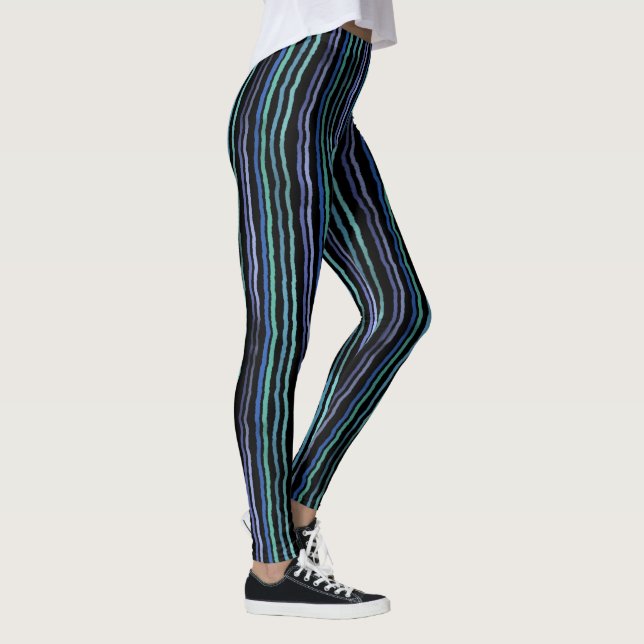 Watercolor Stripes, Blue, Green, Lilac on Black Leggings (Right)