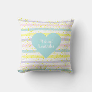 Watercolor Stripes Blue Heart Cushion