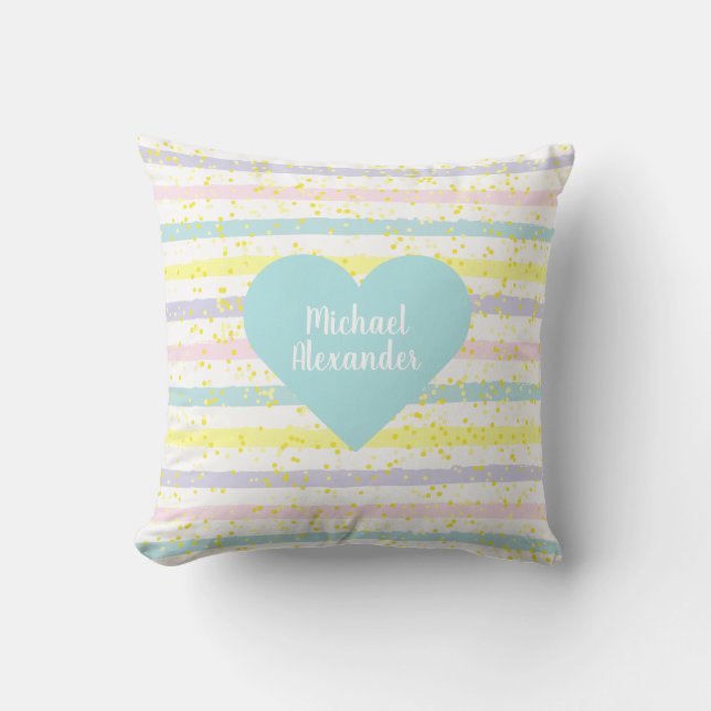Watercolor Stripes Blue Heart Cushion (Front)