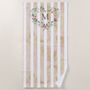 watercolor stripes floral wreath monogram beach towel