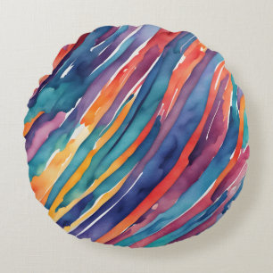 Watercolor Stripes Orange, Pink Blue Green Purple Round Cushion