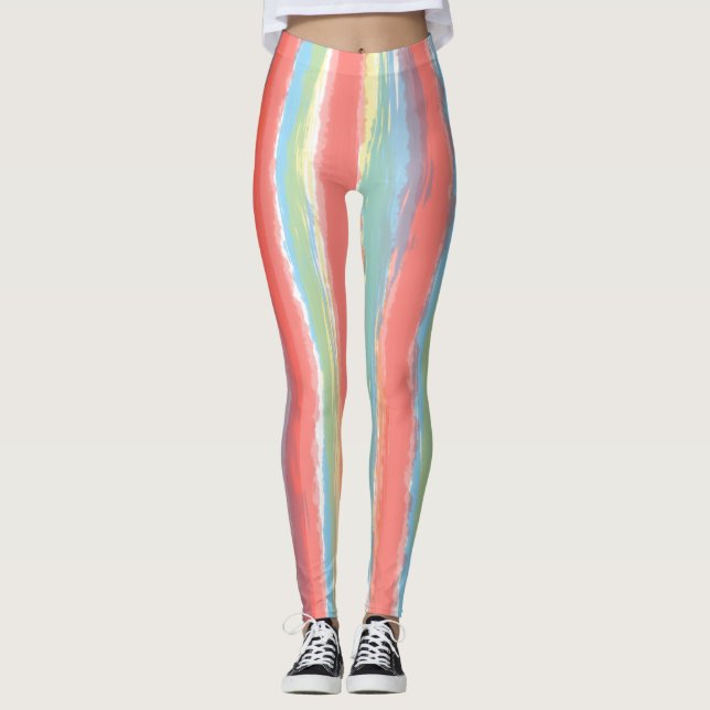 Watercolor Stripes Pink Blue Yellow  Leggings (Front)