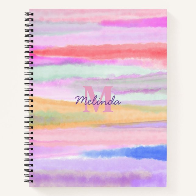 Watercolor Stripes Pink Monogram Notebook (Front)