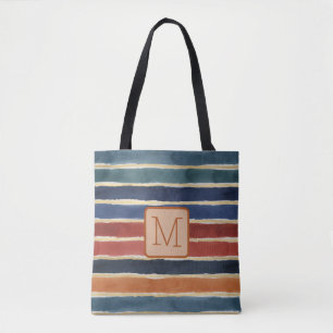 Watercolor Stripes Tan Color Block Monogram Tote Bag