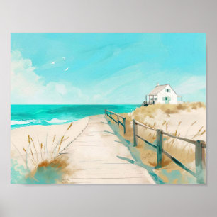 watercolor style beach scene with beach house poster