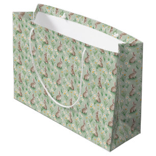 Watercolor Style Bunny and Daisy Green Baby Large Gift Bag