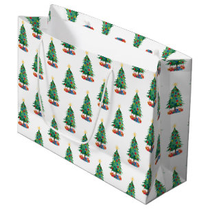 Watercolor Style Christmas Trees and Gifts Pattern Large Gift Bag