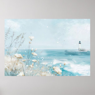 Watercolor style coastal landscape with lighthouse poster