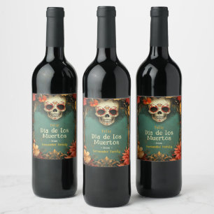 💀🎉 Watercolor style green Día de Muertos Party  Wine Label