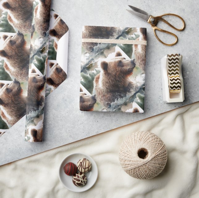Watercolor Style Grizzly Bear Wildlife Animal Art Wrapping Paper (Crafts)