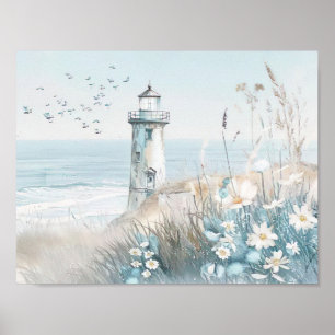 watercolor style illustration white lighthouse poster