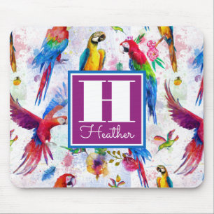 Watercolor Style Parrots   Add Your Name Mouse Pad