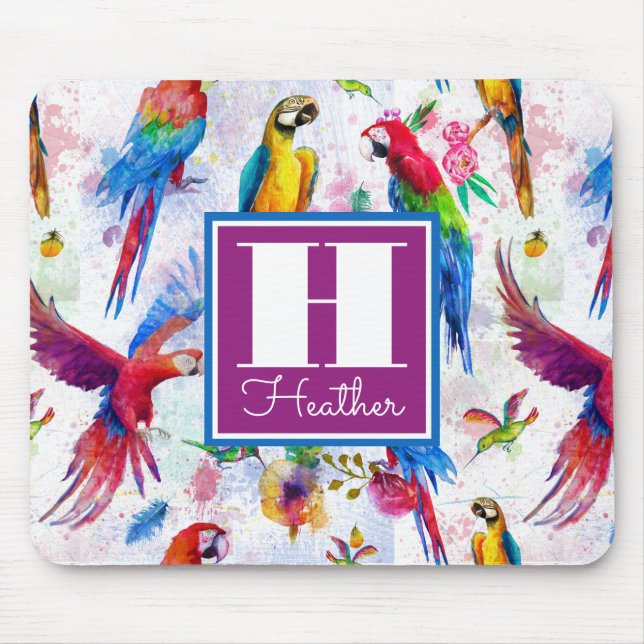 Watercolor Style Parrots | Add Your Name Mouse Pad (Front)